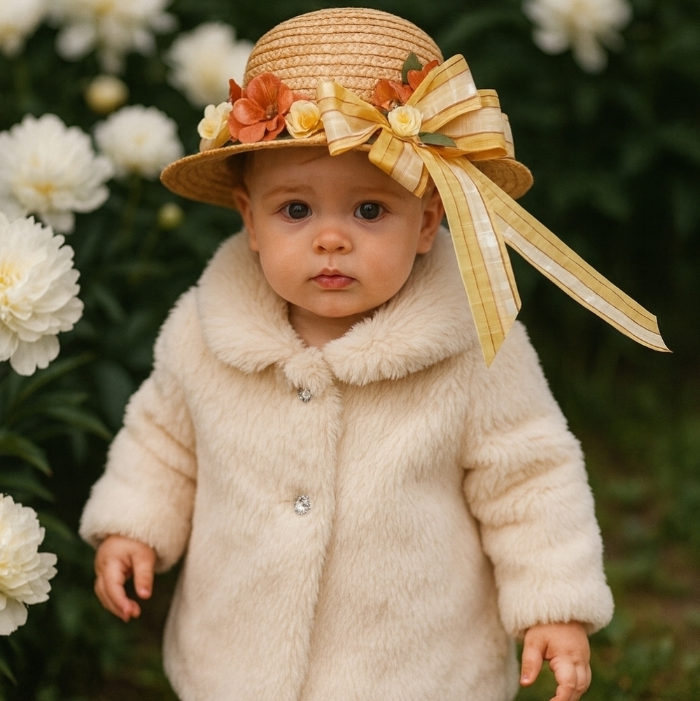 Vintage-Inspired Straw Floral Hat – With Plaid Ribbon Bow